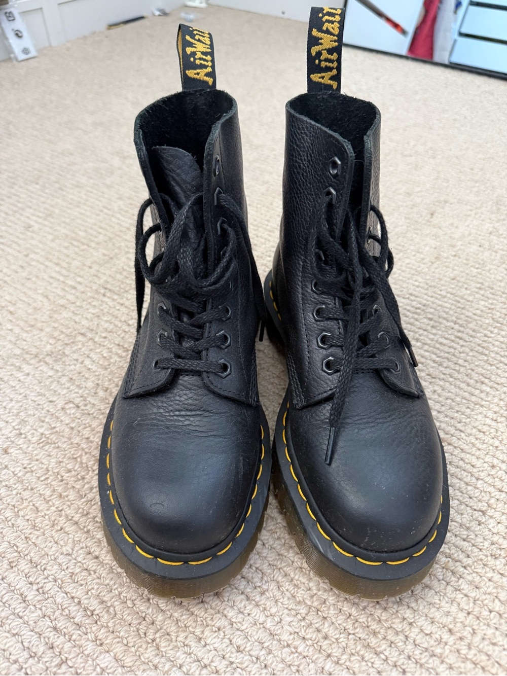 Dr. Martens Black Leather Lace-Up Boots with Yellow Stitching